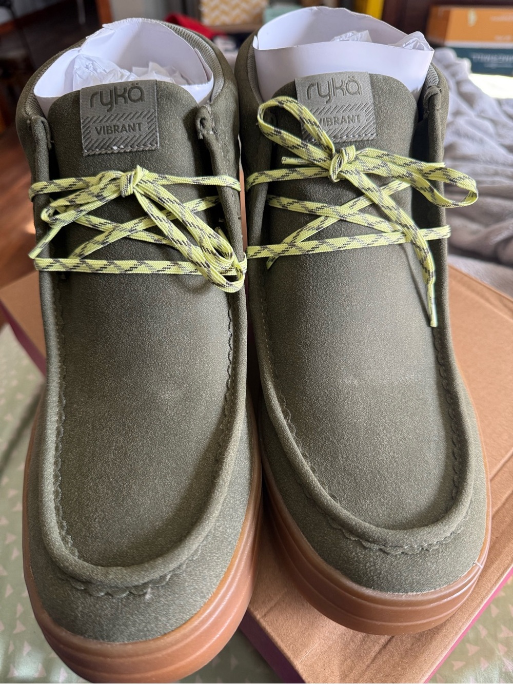 Ryka Olive Green Lace-Up Women's Boots with Gum Sole and Yellow Accent Laces